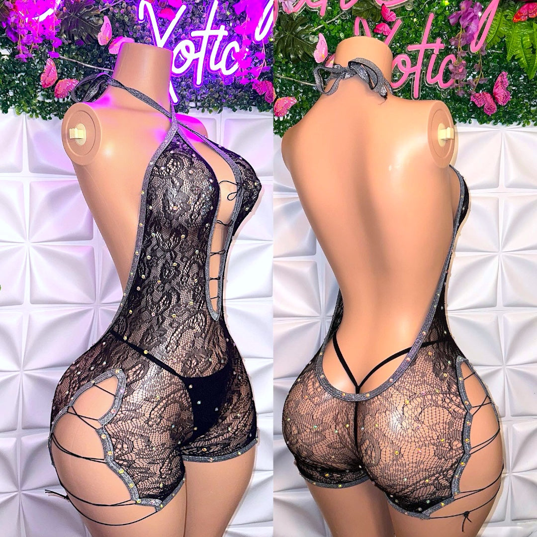 Dime Piece Lace Rhinestone Romper Low Cut Back with Thong Fits XS-L