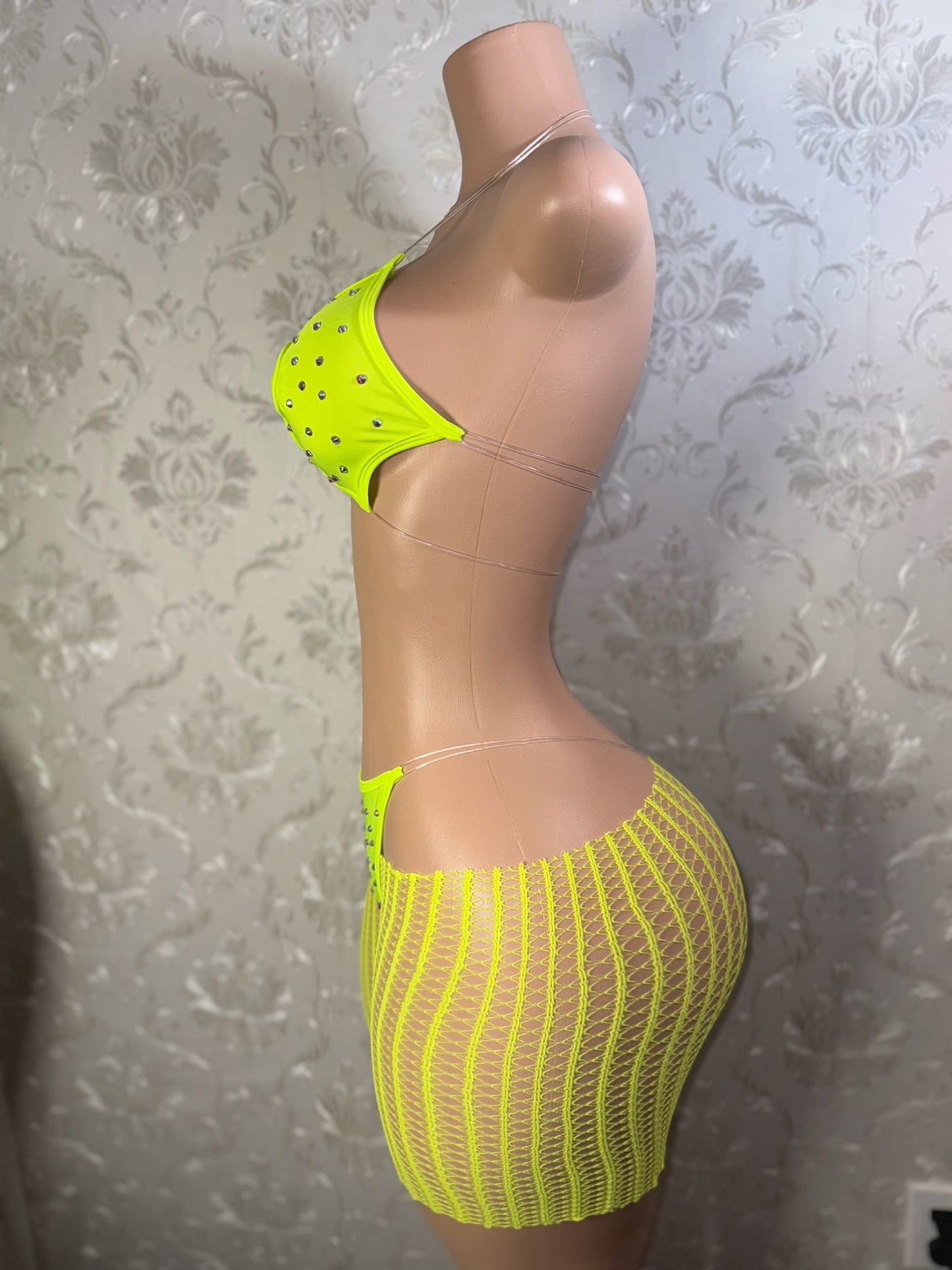 Jayda— 3 Piece Set with Rhinestones in Neon Green