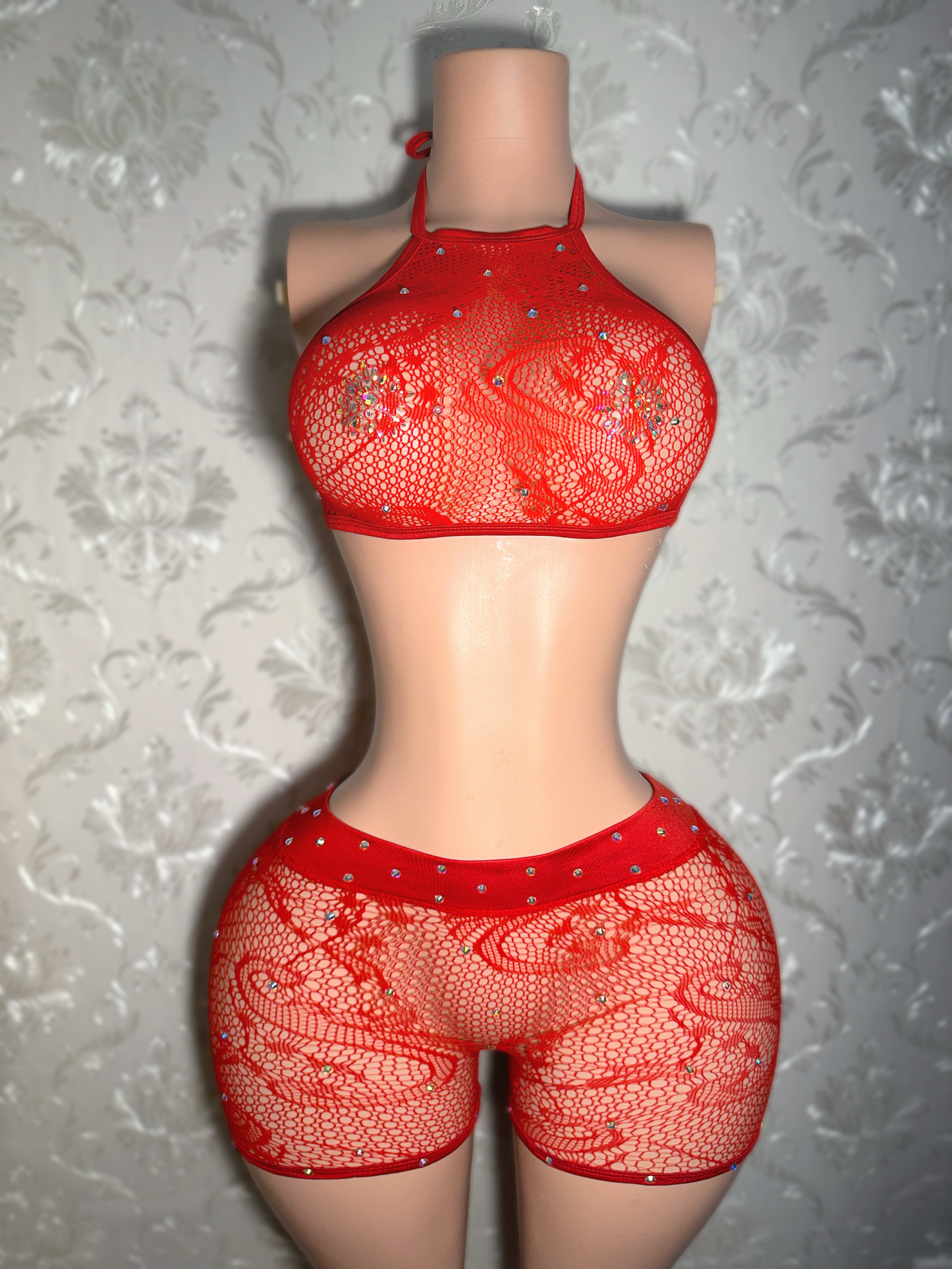 Geysha — Red Dragon Fishnet Shorts Set Fits S-L and Curvy L-XL