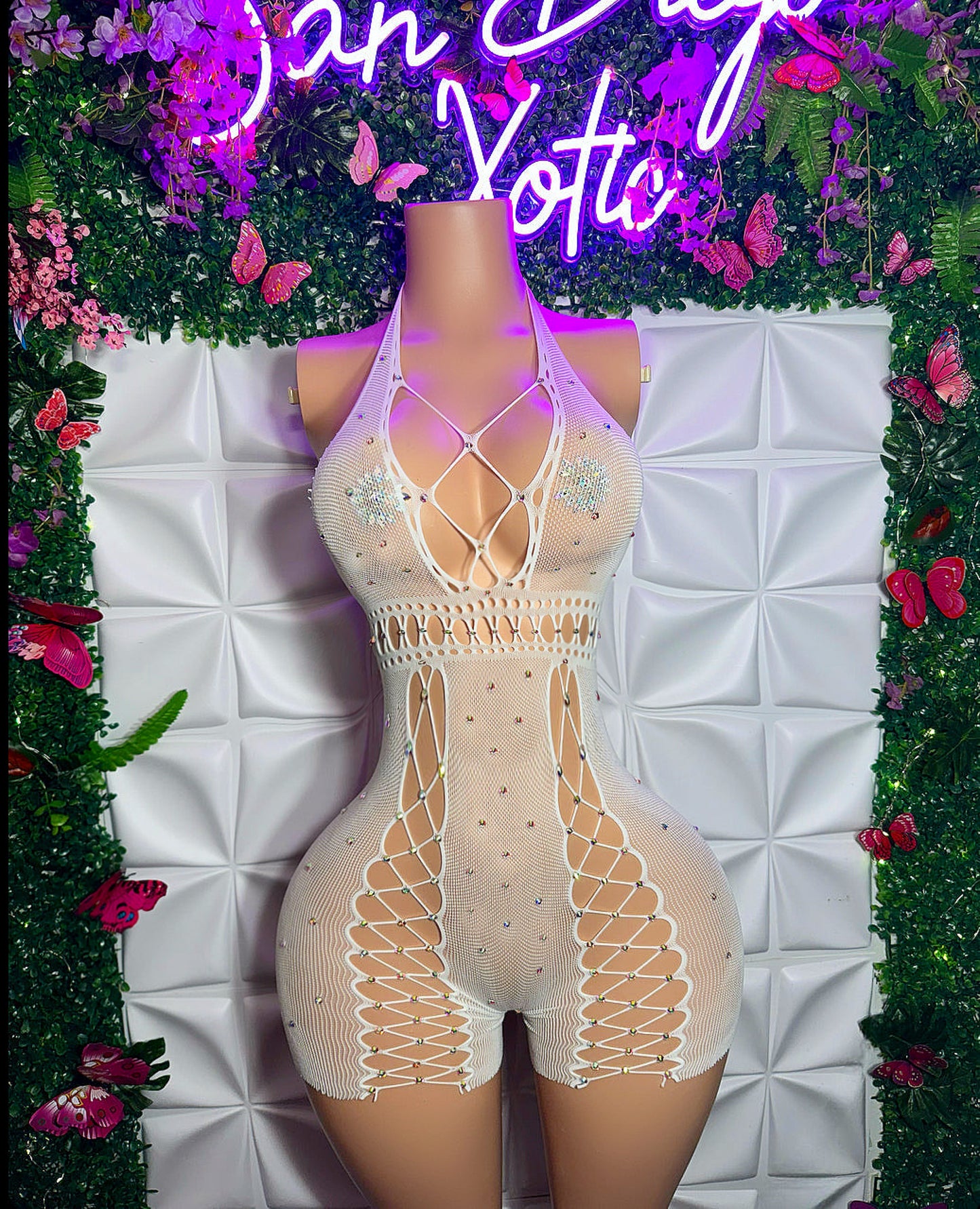 Draya Fishnet Romper with Rhinestones and Dress Fits XS-L