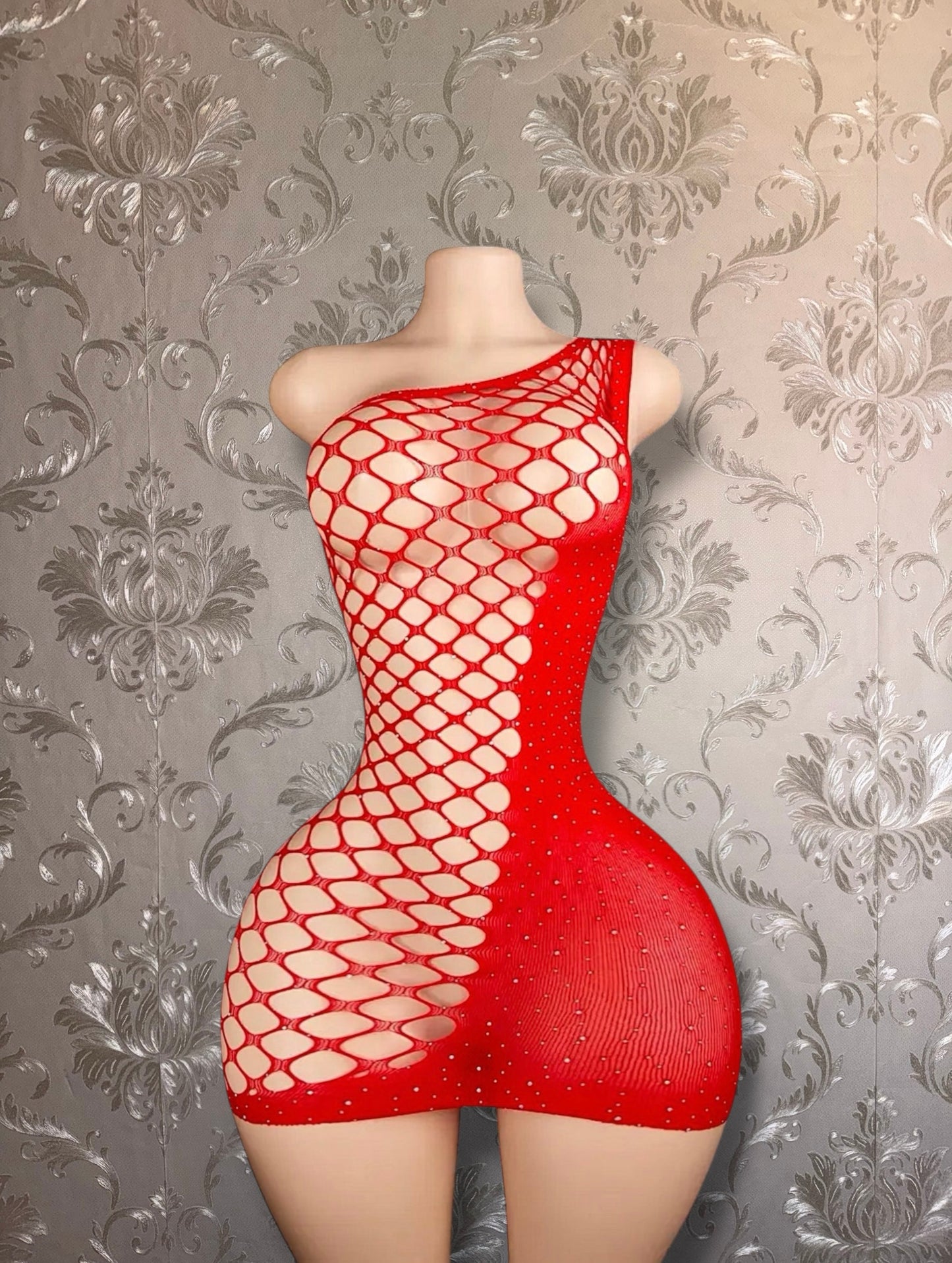 Holiday Bedazzled Dress Asymmetrical Fishnet Fits XS-L Optional Extra Stones