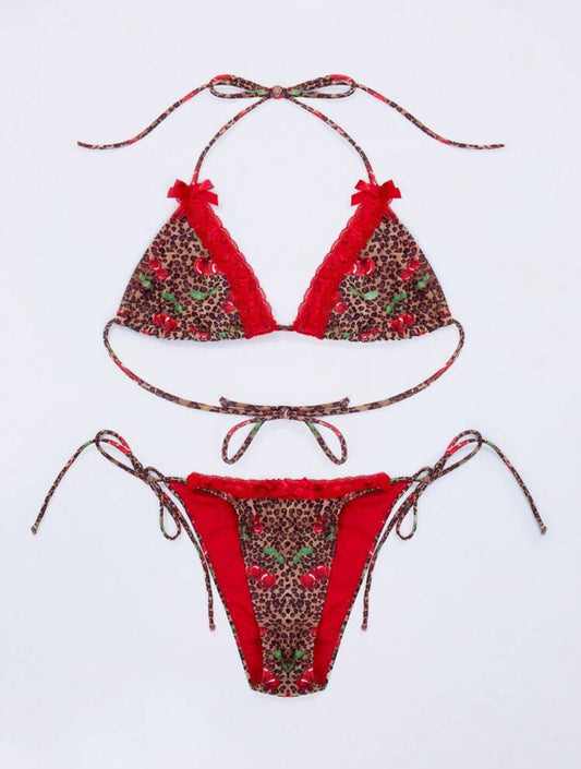 Cherry Pie Leopard Print Cherry Accent Bikini with Ribbon Lace