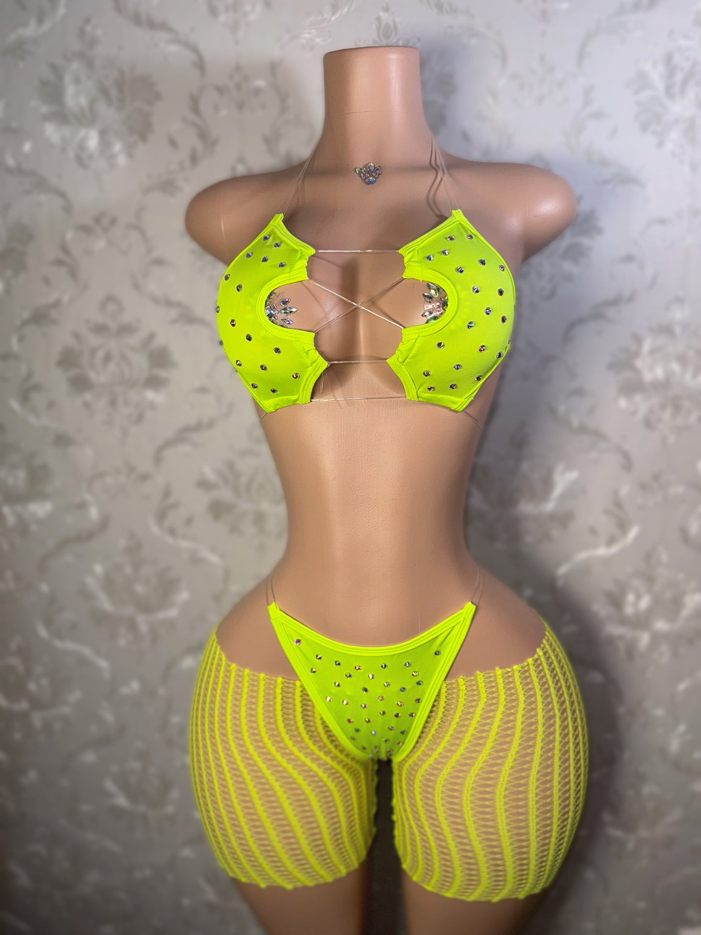 Jayda— 3 Piece Set with Rhinestones in Neon Green