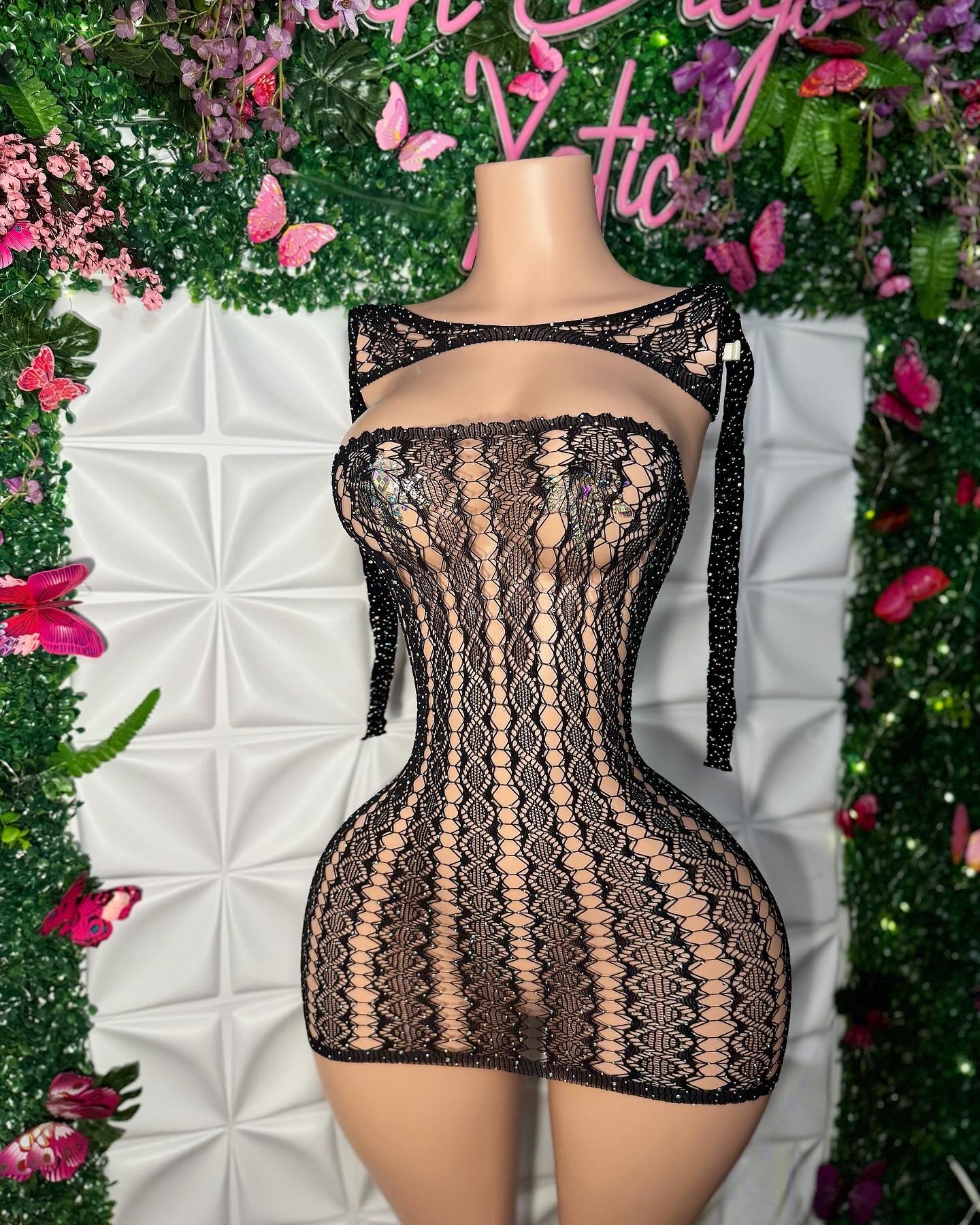 Lyrica — 2 Piece Lace Bedazzled Fishnet Dress & Long Sleeve Shawl Fits XS-L