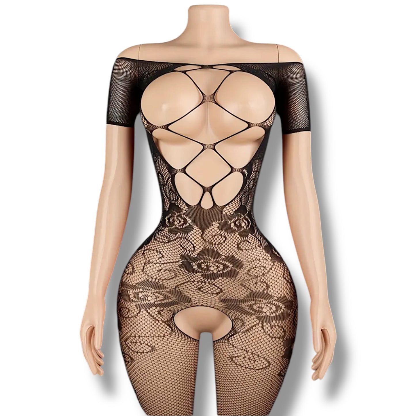 Rozay Short Sleeve Bodystocking Criss Cross Fishnet Jumpsuit