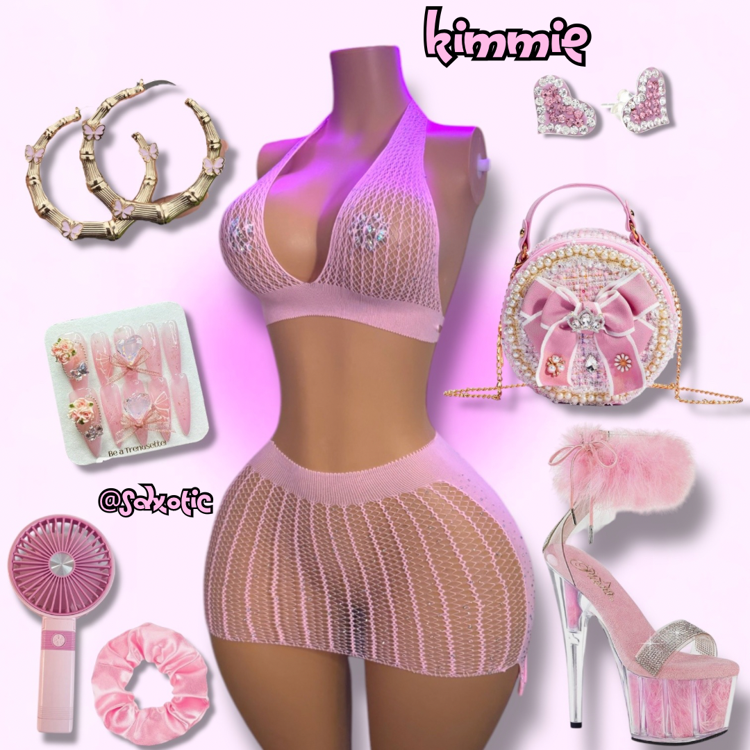 Kimmie — Glittery Fishnet Halter Top and Skirt Set Fits XS-M