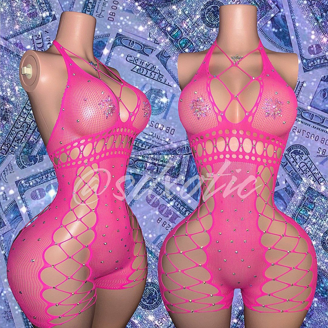 Draya Fishnet Romper with Rhinestones and Dress Fits XS-L