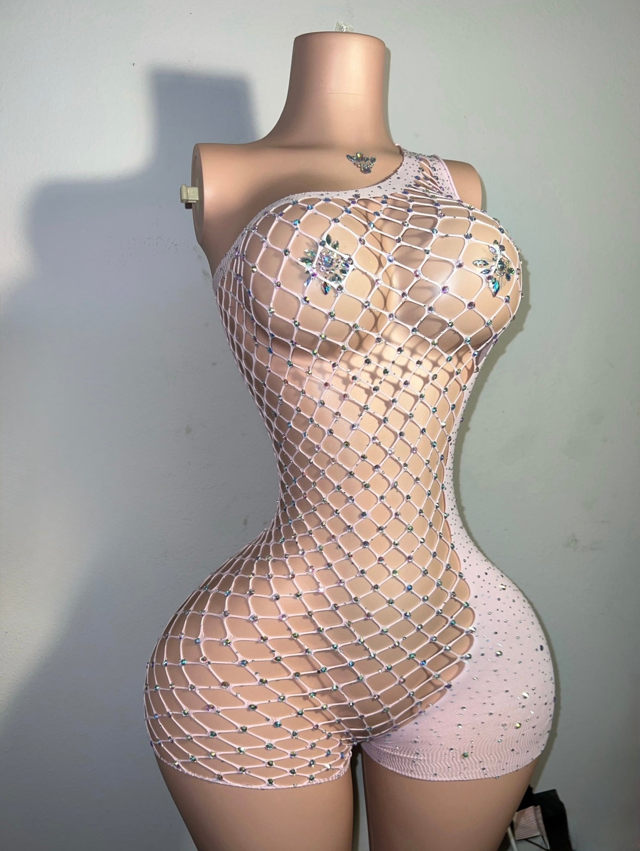 Holiday — Birthday Suit Bedazzled Romper Asymmetrical Fishnet Fits XS-L Optional Extra Stones