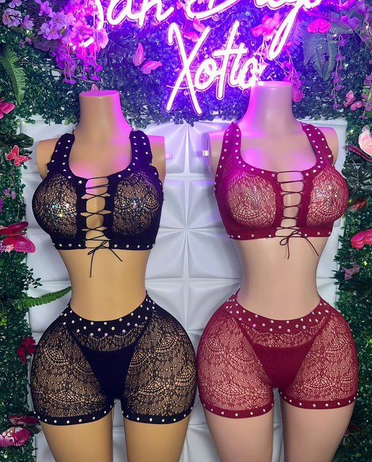 Showstopper 3 Piece Fishnet Shorts Matching Set with Thong Fits XS-L