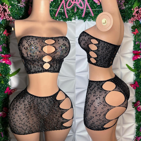 Syn Bedazzled 2 Piece Fishnet Skirt Set Fits XS-L