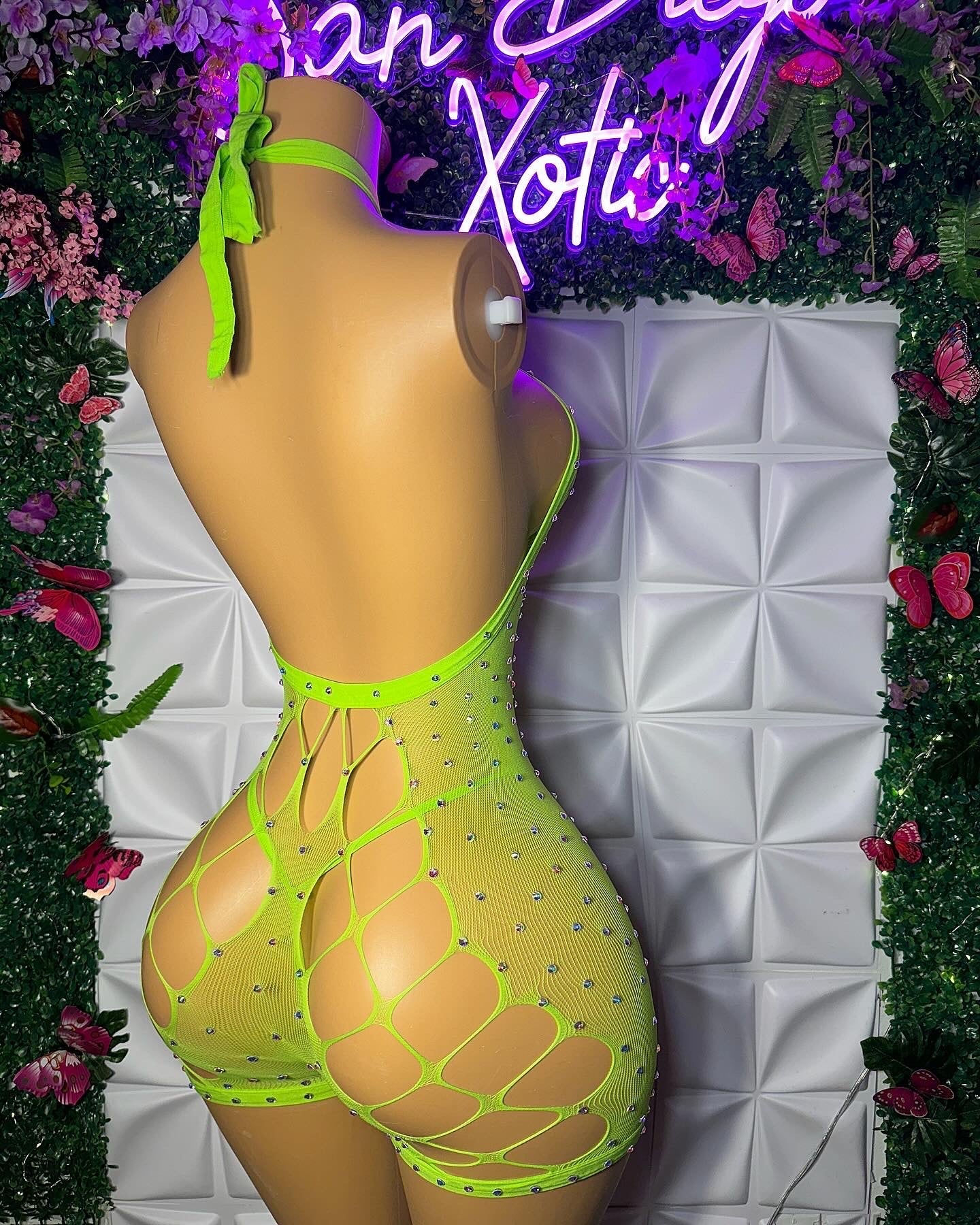 Dollas — Fishnet Romper Set with Rhinestones and Thong Fits XS-XL