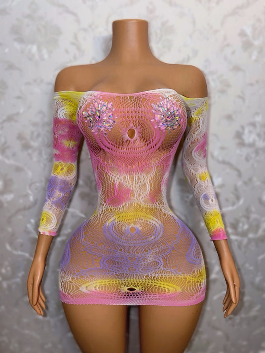 Eye of the Tiger Off Shoulder Fishnet Dress Fits XS-L