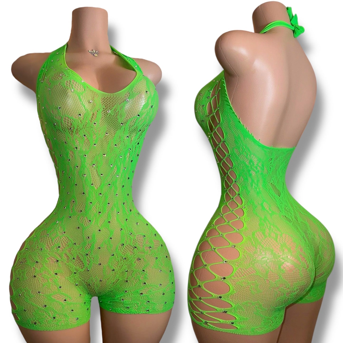 Layla — Halter Fishnet Romper with Rhinestones Fits XS-L