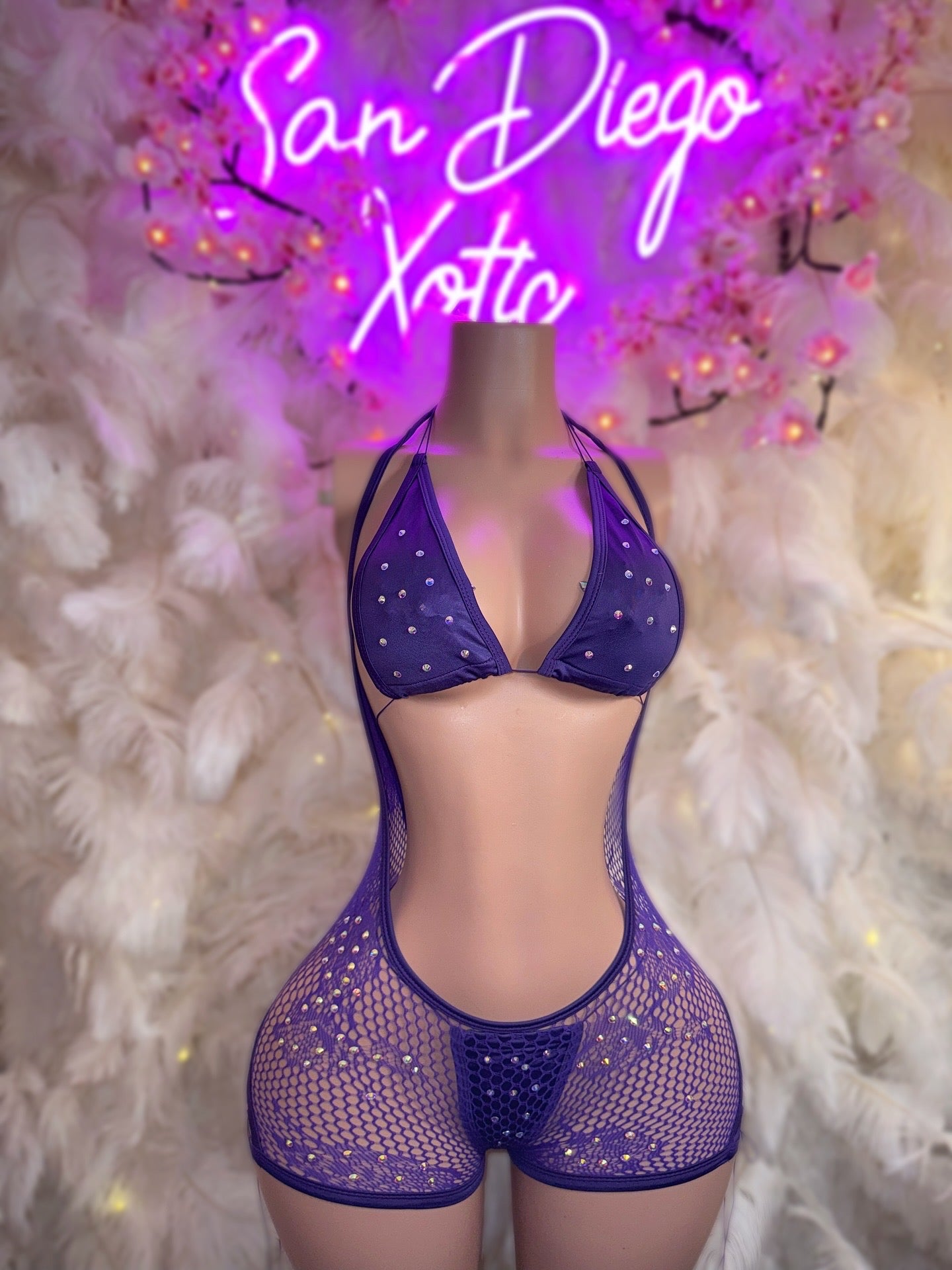 Plain Jane — Fishnet Hammock Shorts & Bikini 3 Piece Set Extra Rhinestones Fits XS-L