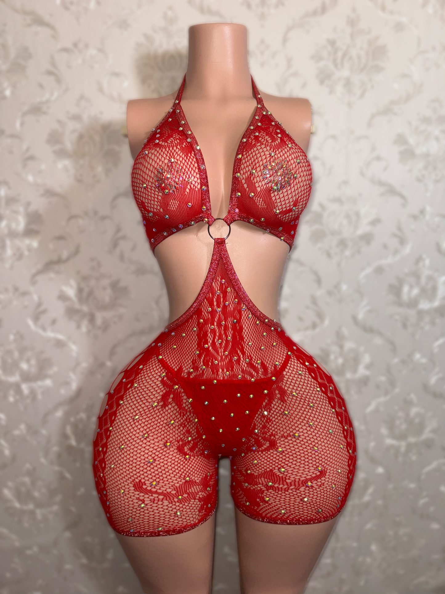Ice Spice — Hot Pink Lace Fishnet Romper with Thong
