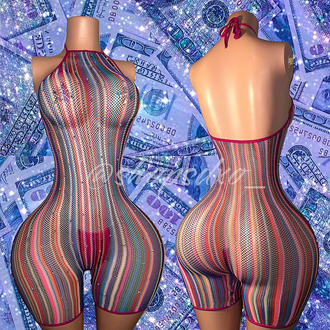 Onika — Multicolor Fishnet Romper with Rhinestones