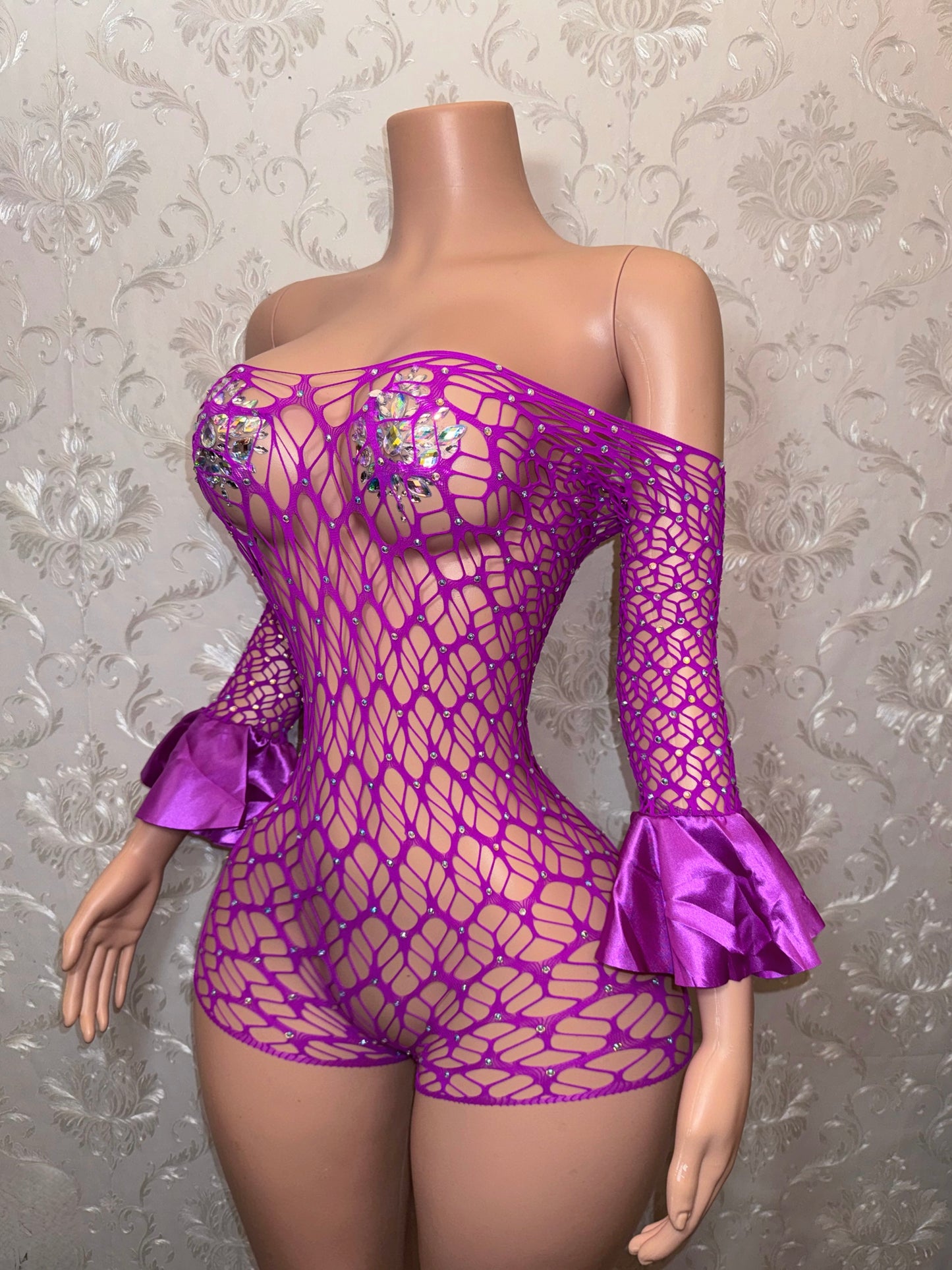 Kayla Off Shoulder Fishnet Romper Fits XS-M