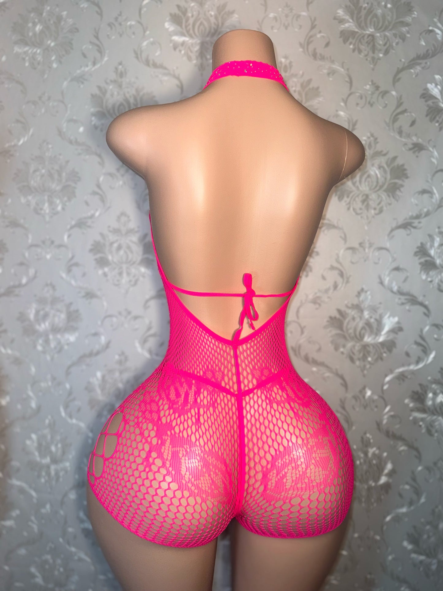 Mean Girl Rhinestone 3 Piece Fishnet Romper Bikini Set