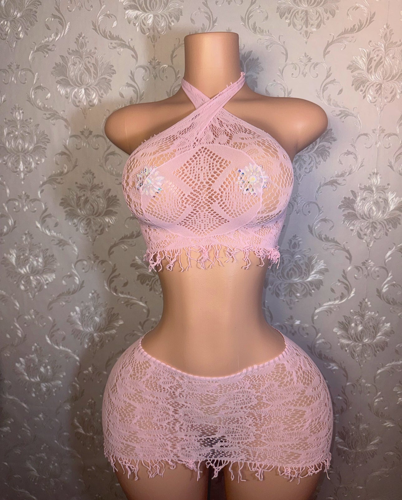 Amber Fringe Fishnet Skirt Set Fits XS-L
