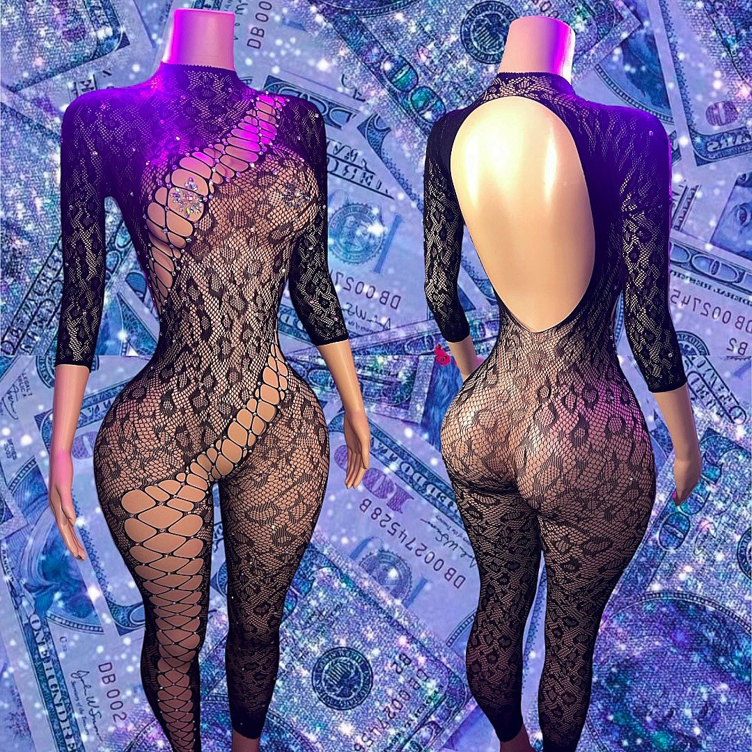 AOT Always On Time — Cheetah Jumpsuit with Rhinestones Fits XS-L