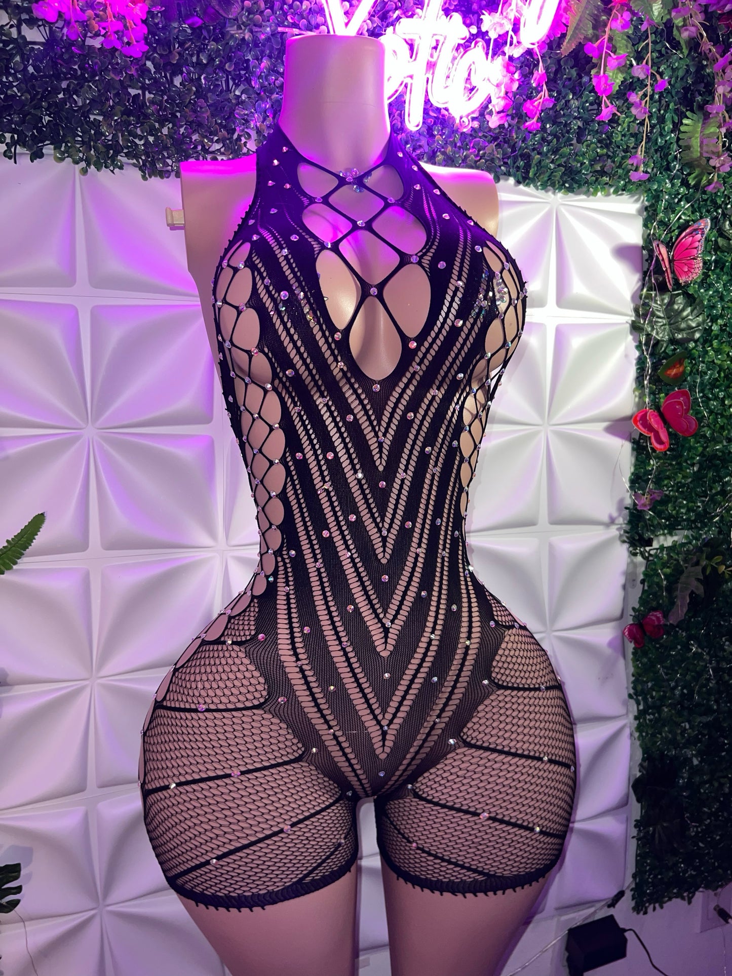 PLT Original Halter Fishnet Romper with Rhinestones Fits XS-XL