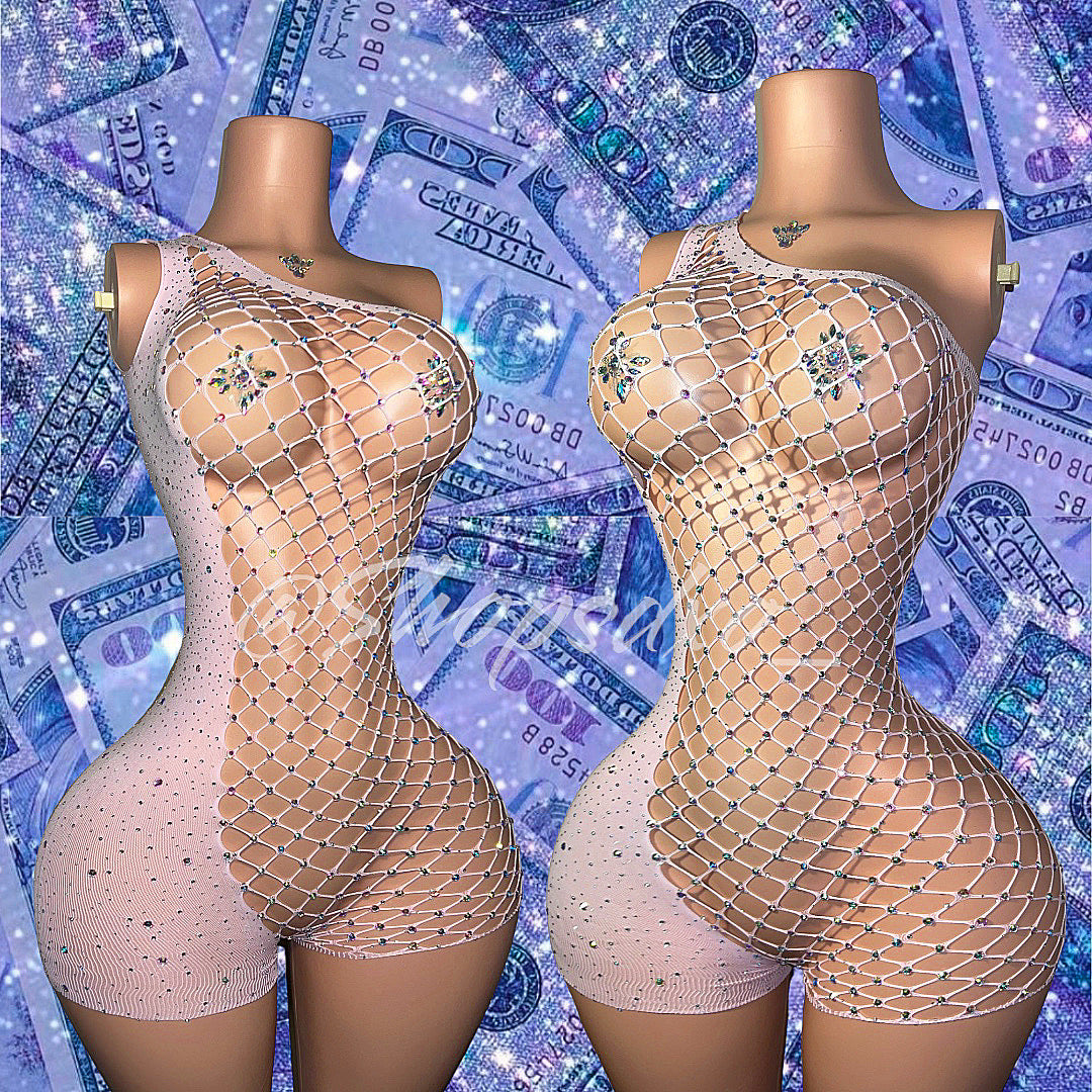 Holiday Bedazzled Romper Asymmetrical Fishnet Fits XS-L