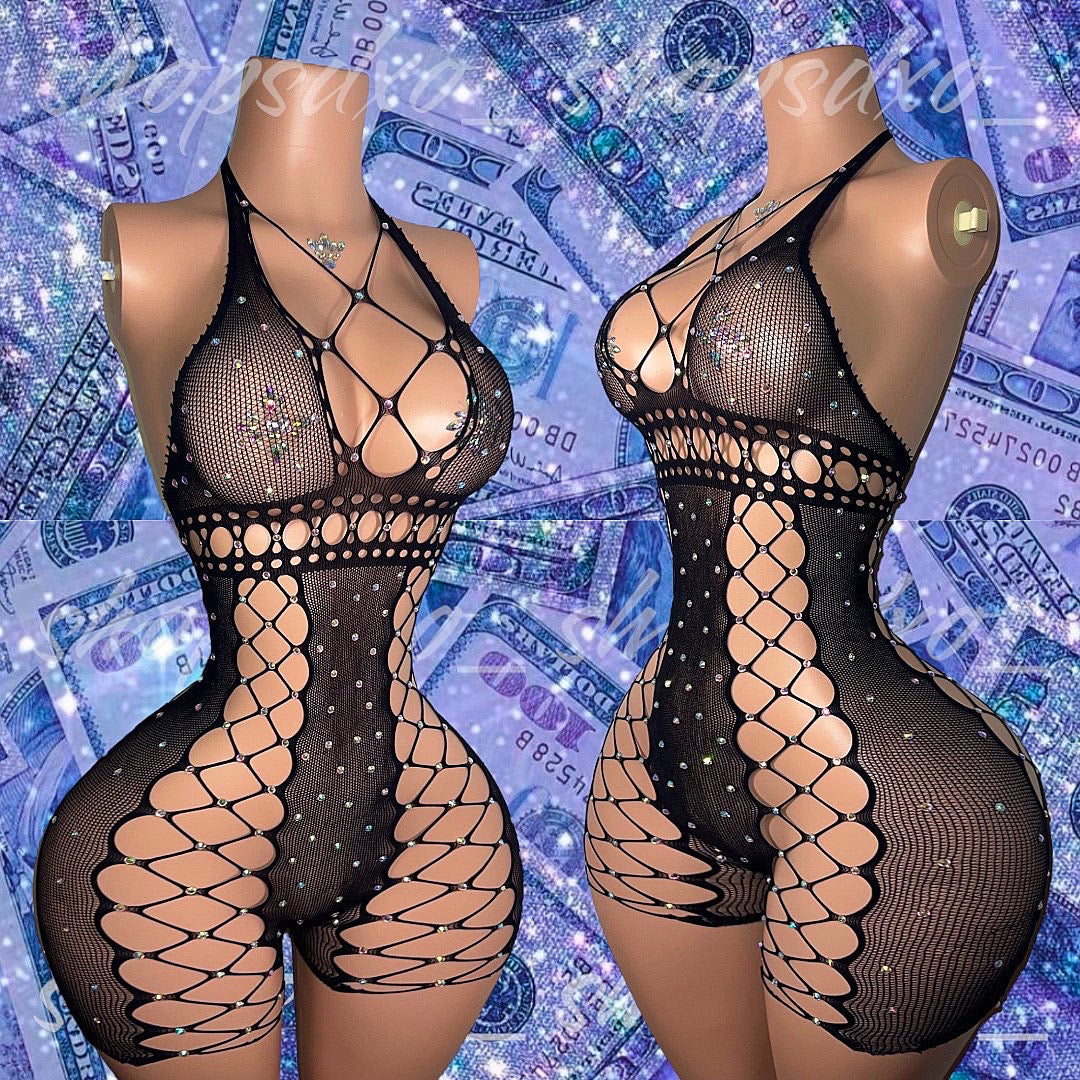 Draya Fishnet Romper with Rhinestones and Dress Fits XS-L
