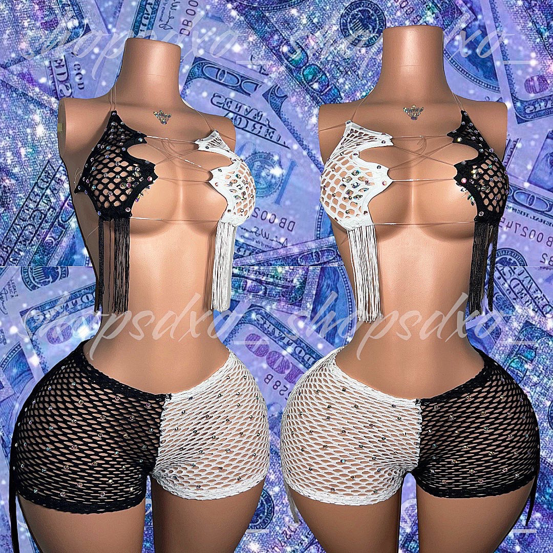 Salt N Pepa — Two Tone 2 piece Fishnet Tassel Shorts Set