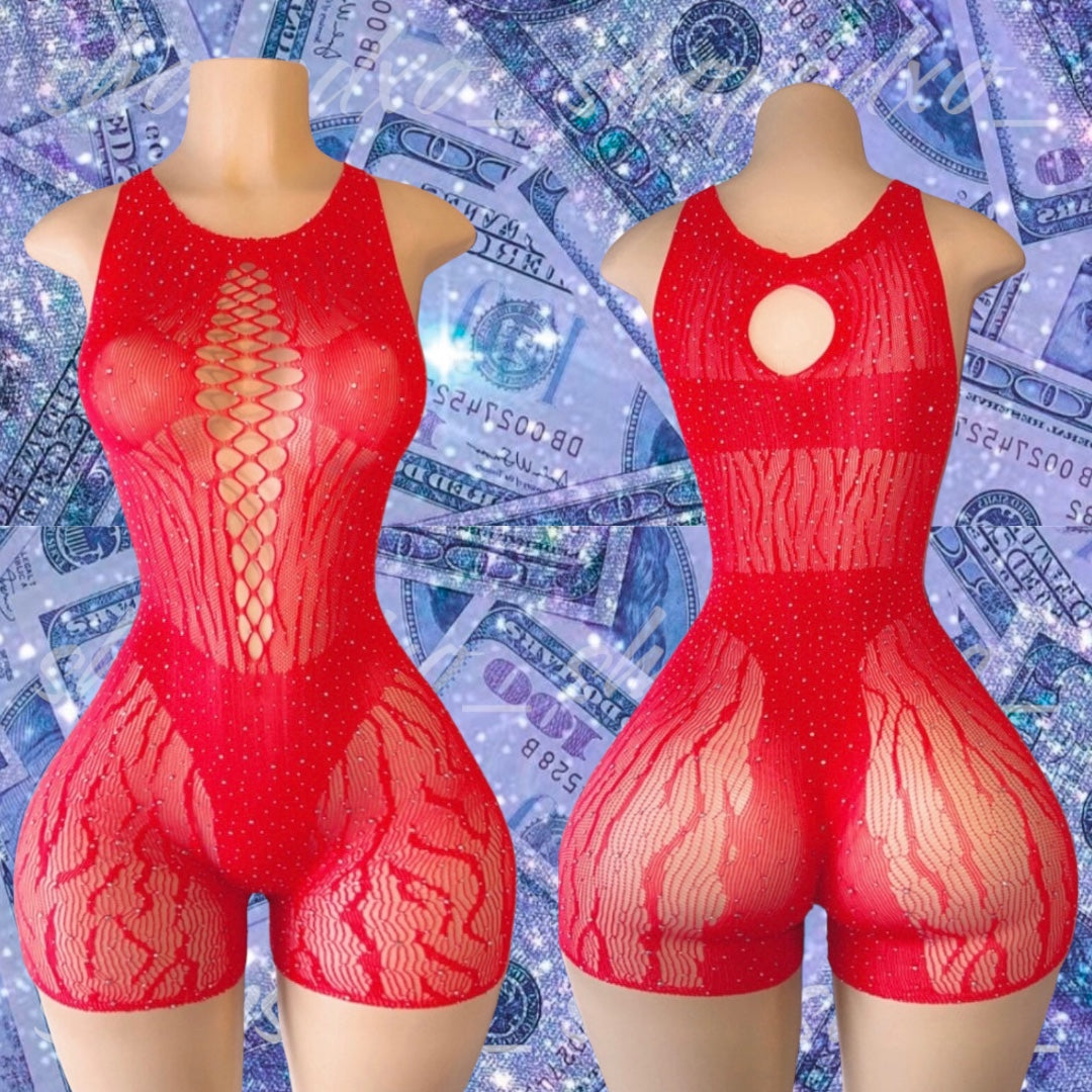 Business As Usual Bedazzled Zebra Fishnet Romper Fits XS-M