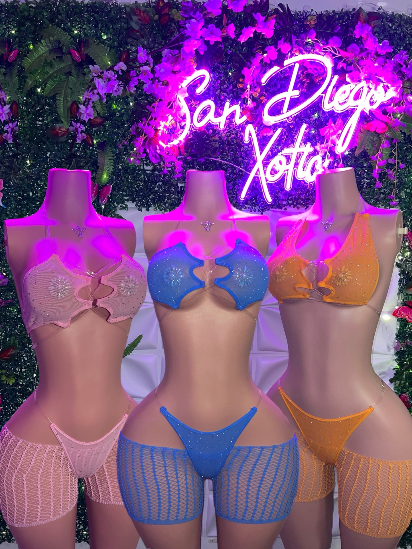 Riyah 3 Piece Set Rhinestone Mesh Kini with Cut-Off Fishnets Fits S-XL