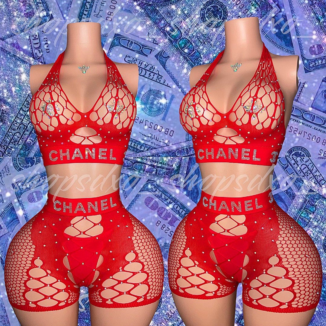 WAP Two Piece Rhinestone Fishnet Shorts Set