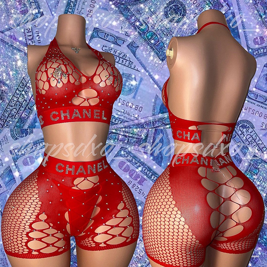 WAP Two Piece Rhinestone Fishnet Shorts Set