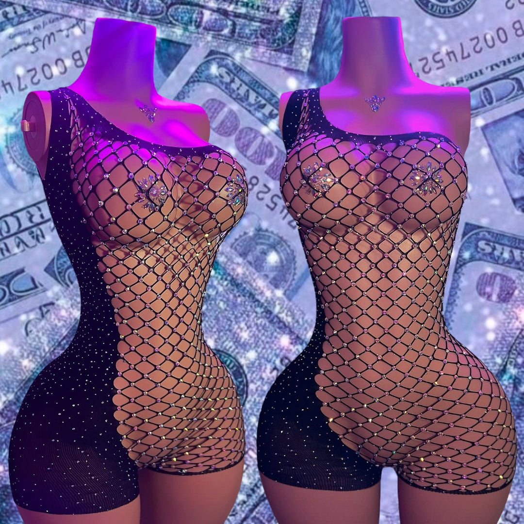 Holiday Bedazzled Romper Asymmetrical Fishnet Fits XS-L