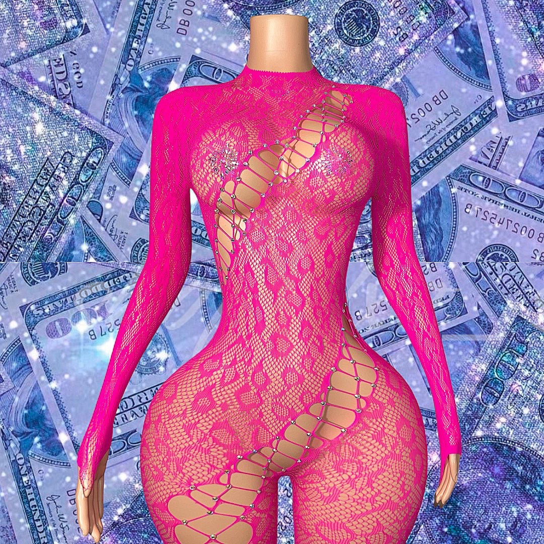 AOT Cheetah Fishnet Jumpsuit with Rhinestones Fits XS-L