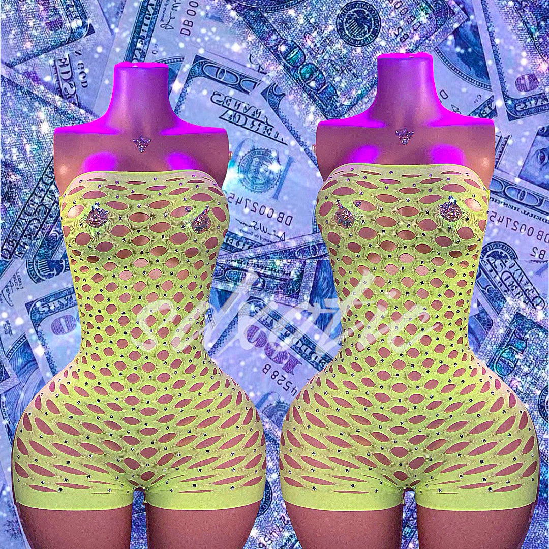 Money Maker Strapless Fishnet Romper with Rhinestones 9 Colors Fits XS-XL
