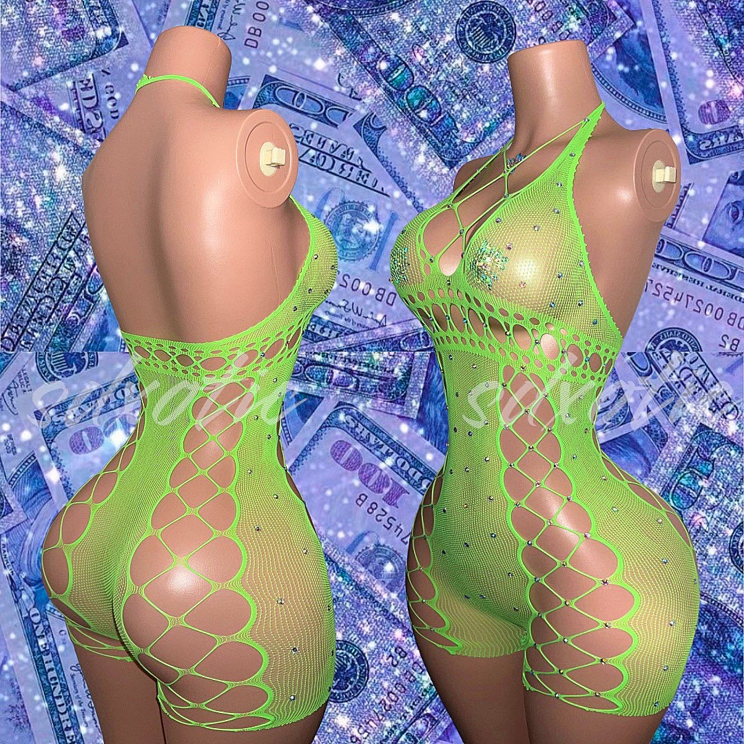 Draya Fishnet Romper with Rhinestones and Dress Fits XS-L