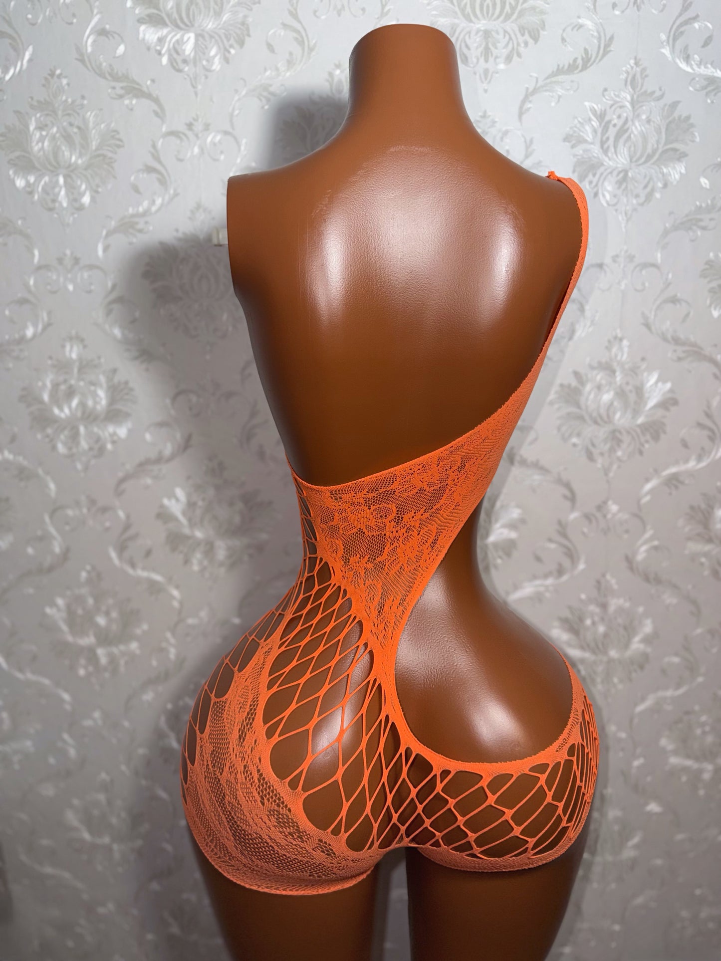 Orange Soda Lace Detail Cut Out Fishnet Romper In Orange Fits XS-Lr