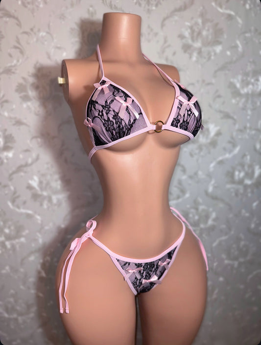 Josie — Baby Pink Bikini with Black Lace and Baby Pink Accent Bows