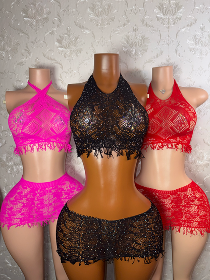 Amber — Fringe Fishnet Tank and Skirt Bikini Cover Up Set Fits XS-L