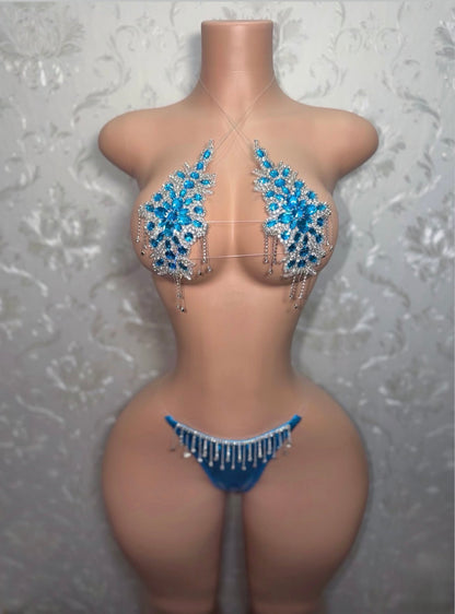 Aqua Blue Dripping In Diamonds Crystal Bikini Birthday Set