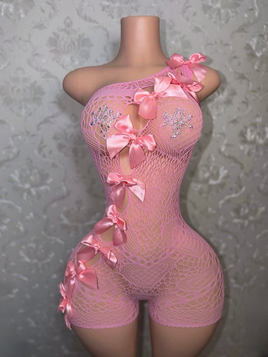 Jaidyn 2 Lace Fishnet Romper with Bows Fits XS-L
