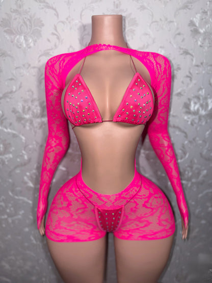 Suriyah Fishnet Romper 3 Piece With Bikini Fits XS-L