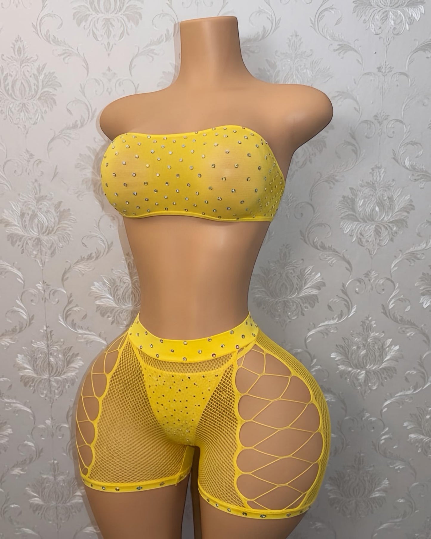 Majesty Rhinestone Crotchless Fishnet Shorts Set Fits XS-L