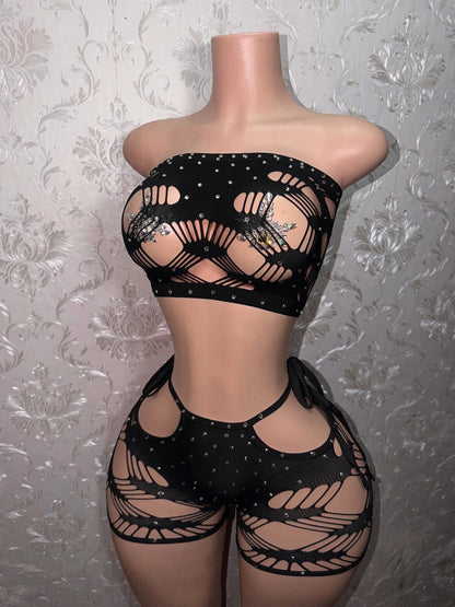 Xtina Rhinestone Cutout Fishnet Shorts Set Fits M