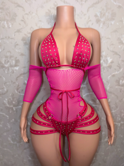 Georgia Peach + Teyana Fishnet Dress 3 Piece Set Fits S-L