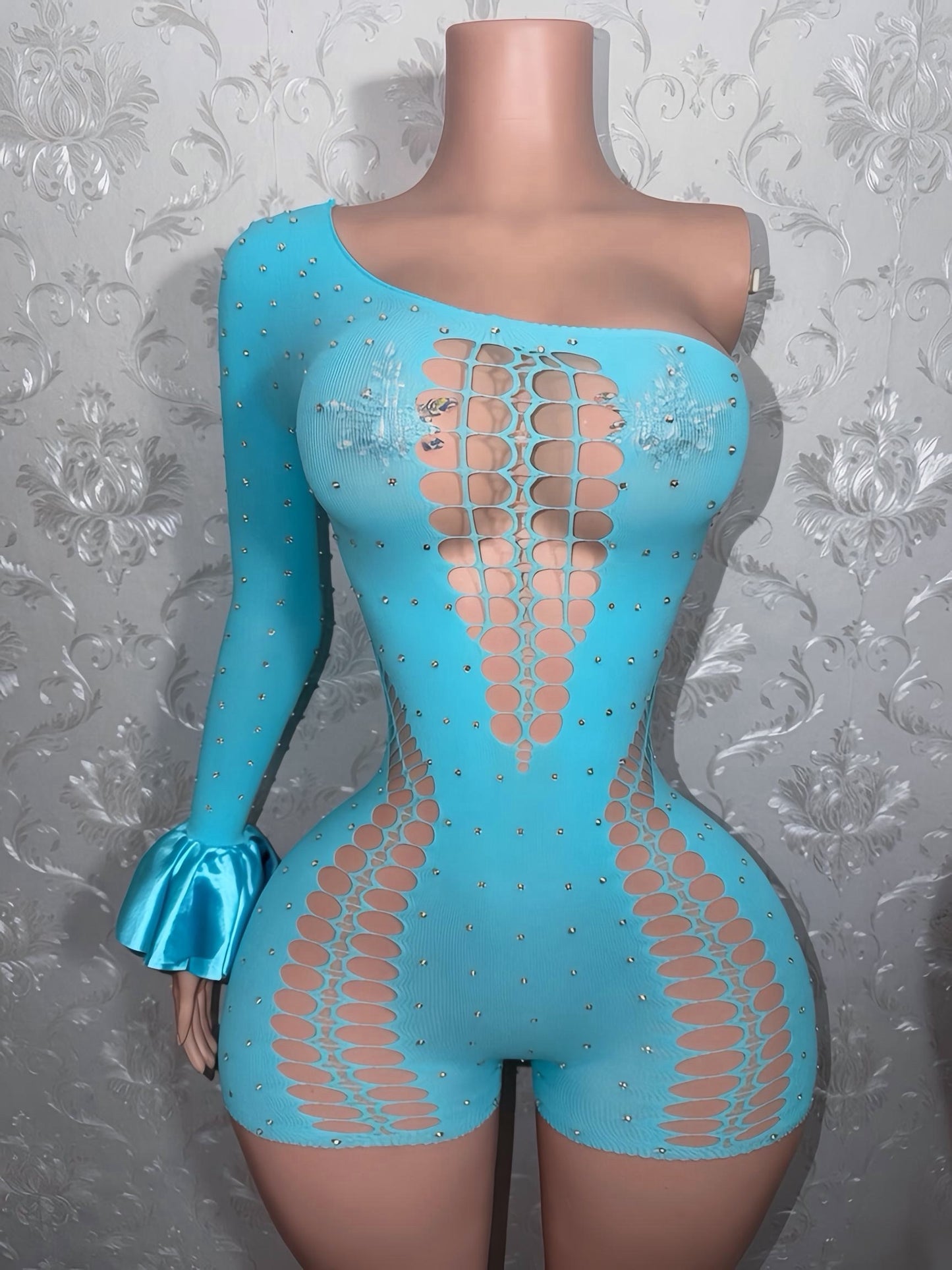 Malibu Rhinestone Mesh Romper Fits XS-XL