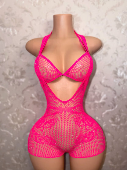 Mean Girl 2 Piece Fishnet Romper With High Back Fits XS-XL