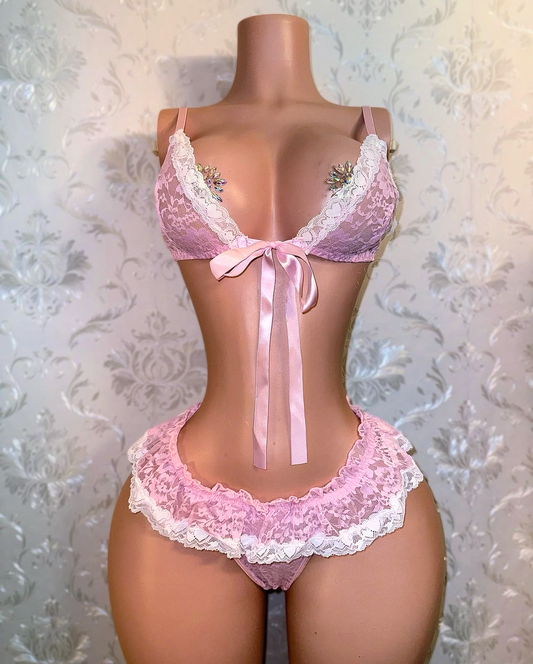Sugar Baby Ruffle Trim 2 Piece Lace Bikini with Micro Skirt Thong