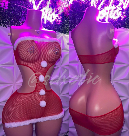 Slay Bells Sexy Fur Trim Fishnet Mini Dress Fits XS-L