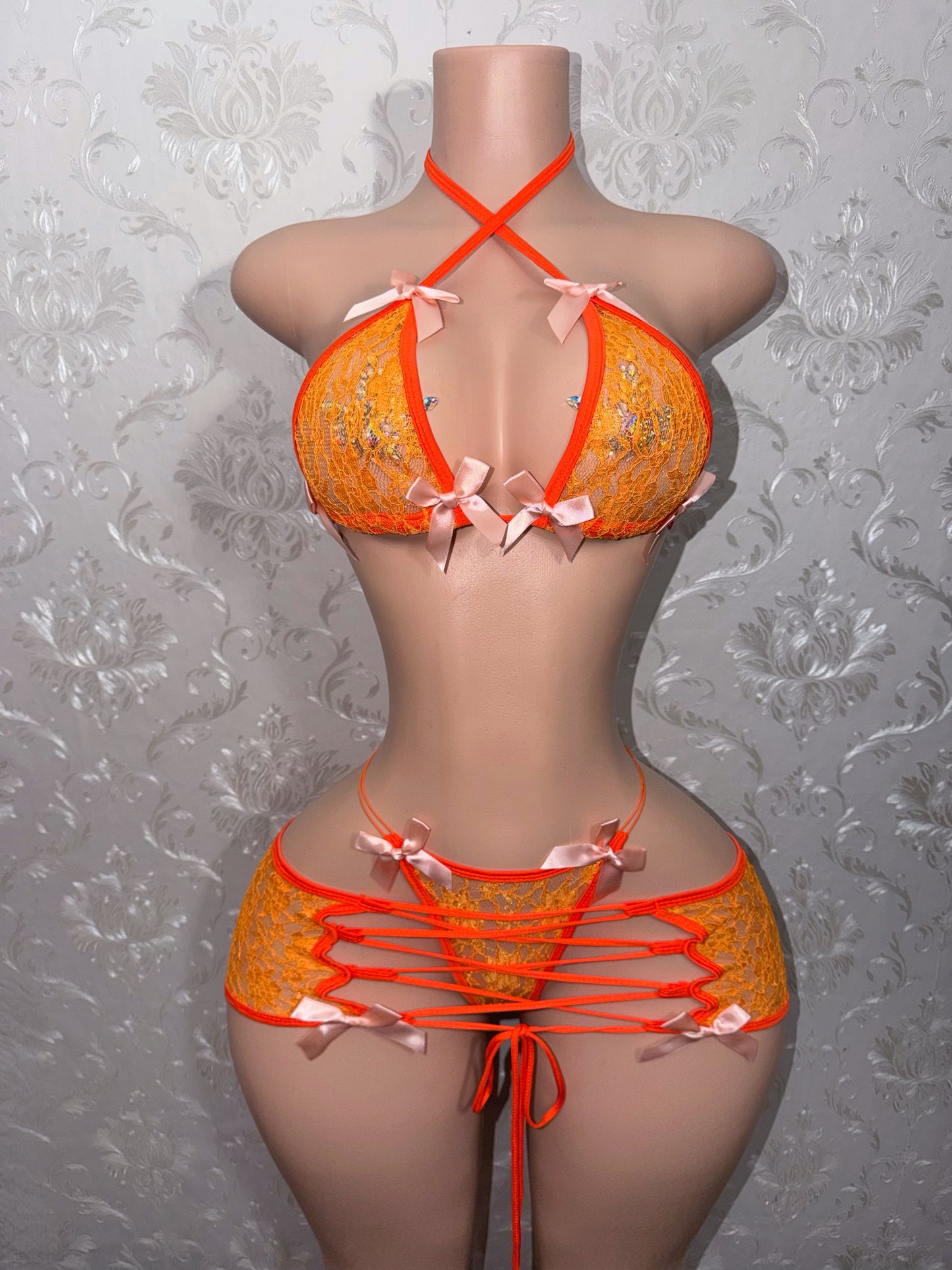 Orange Squeezy Kawaii Lace Micro Skirt Set Fits XS-M